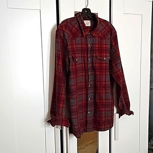 Lucky Brand Red/Grey Plaid snap button western shirt.
